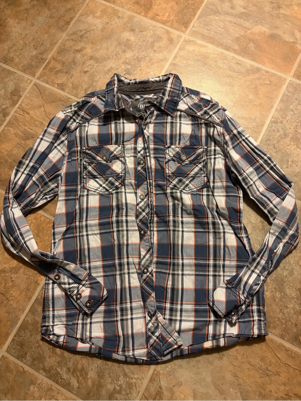 BKE Men's Plaid Button-Down Shirt in Blue, White & Orange Trim L